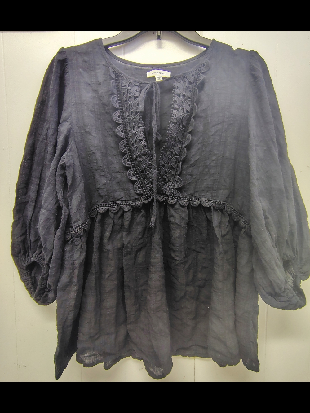 Max Studio Lace-Trim Peasant Blouse - Size L
